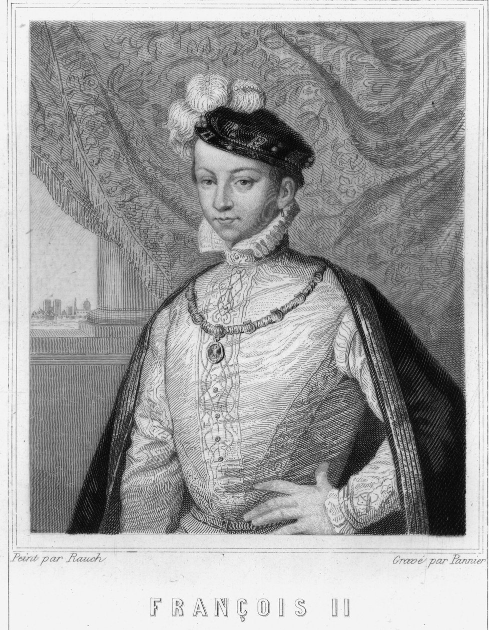 Ranskan kuninkaan Francois II:n (1544 - 1560) muotokuva - Lavalléen "Histoire des Français" -kirjassa, kaiverrus, sd. tekijältä Unknown artist