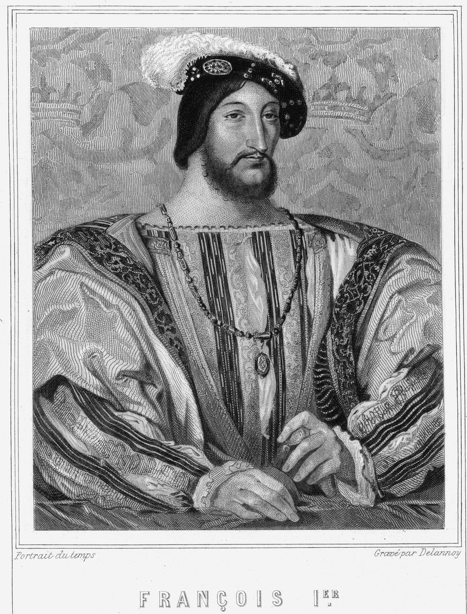 Ranskan kuninkaan Francois I:n (1494 - 1547) muotokuva - Lavalléen "Histoire des Français" -kirjassa, kaiverrus, sd. tekijältä Unknown artist