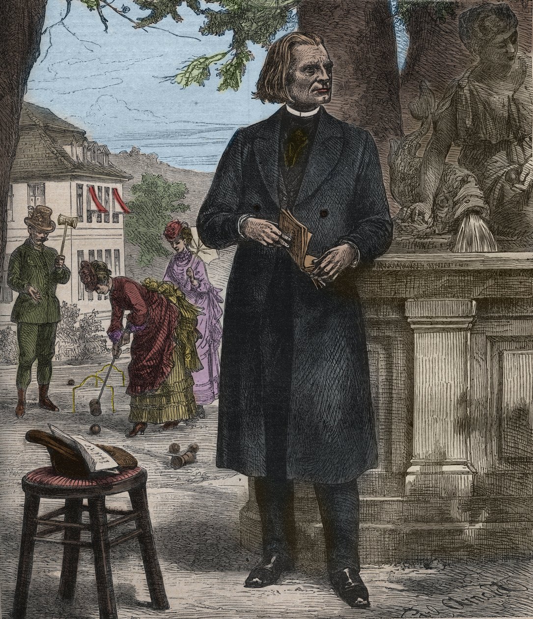 Franz Lisztin (1811-1886), unkarilaisen säveltäjän, pianistin ja kapellimestari (Franz Liszt, unkarilainen säveltäjä, pianisti ja kapellimestari) muotokuva kaiverruksella "" Popular Music""" maineikkaassa viikkolehdessä - 1882 tekijältä Unknown artist
