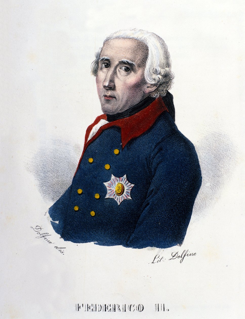Frederick II Preussin (1712-1786) muotokuva, joka tunnetaan Frederick Suurena. Kaiverrus 1800-luvulta. . tekijältä Unknown artist