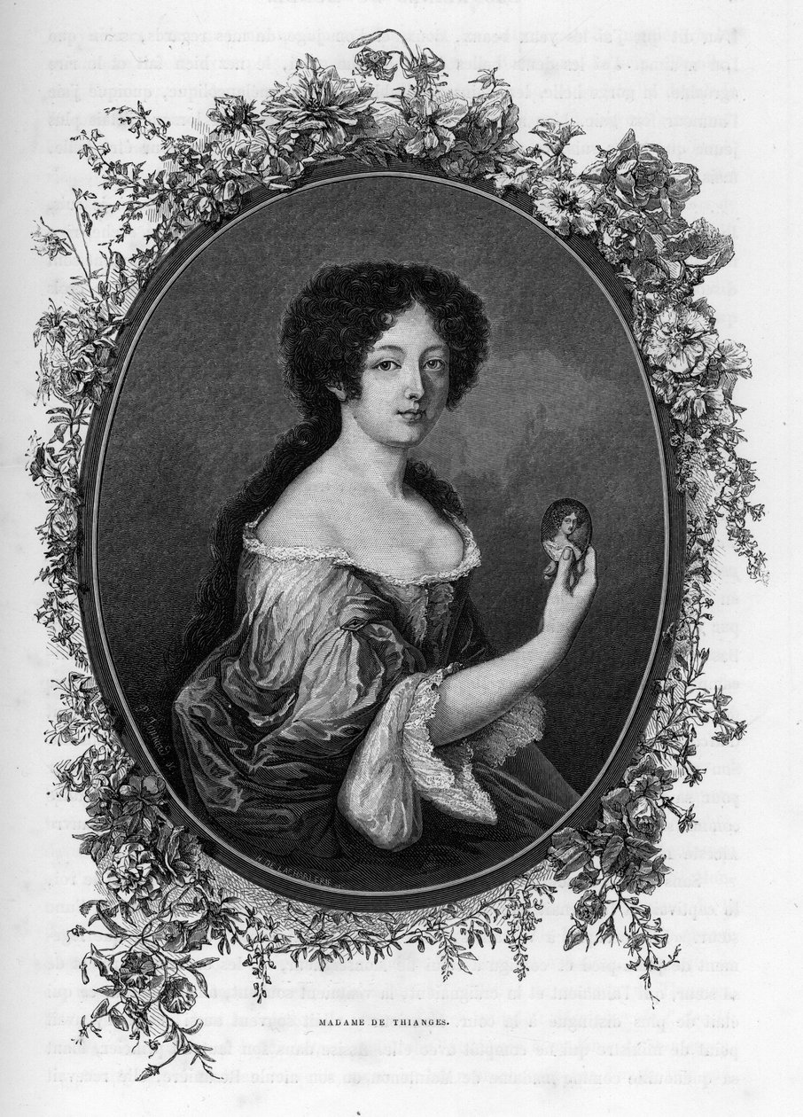 Gabrielle de Rochechouart de Mortemartin, markiisi de Thiangesin (1633 -1693), ranskalaisen aristokraatin muotokuva - Kaiverrus vuodelta 1862 ensimmäisten kirjoittajiemme kirjaan "Maailman kuningattaret". Kirja julkaistu J. G. D. ARMENGAUDin johdolla. tekijältä Unknown artist
