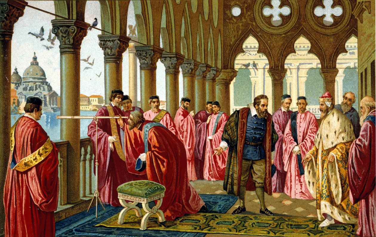 Muotokuva Galileosta Galilei dit Galileo (1564 - 1642) esittelee pitkän näkymän Dogelle hänen herttuapalatsissaan Venetsiassa. tekijältä Unknown artist