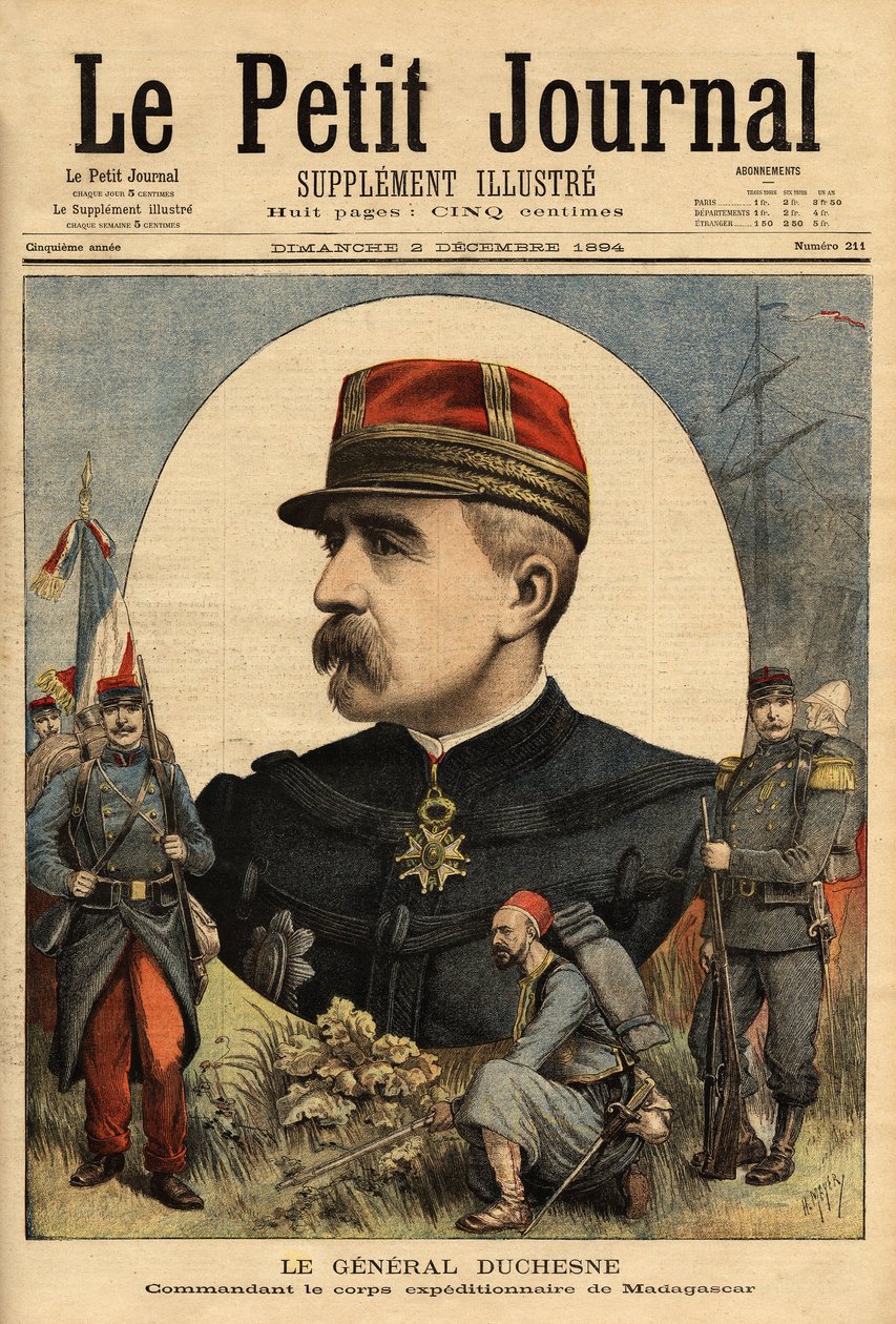 Kenraali Jacques Charles Duchesnen (1837-1918), Madagaskarille lähetetyn asevoimien komentajan muotokuva vuonna 1894, hän otti Tananariven. Kaiverrus "" Le petit Journal" -lehdessä 12.3.1894. Selvan kokoelma. tekijältä Unknown artist