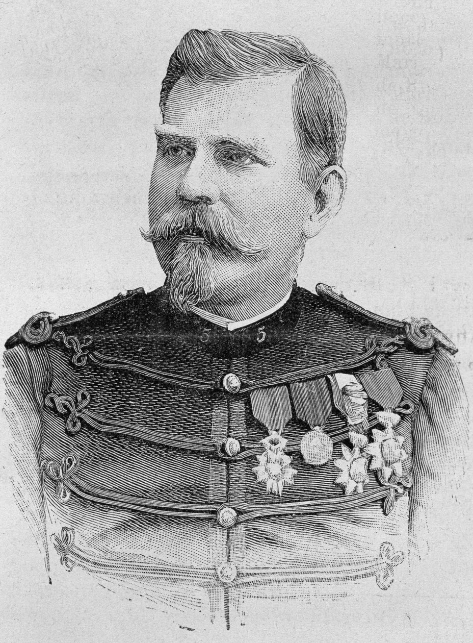 Kenraali Joseph Joffren (1852 - 1931) muotokuva. Kaiverrus 1800-luvun lopusta H. Martinin teokseen "Histoire de France". tekijältä Unknown artist