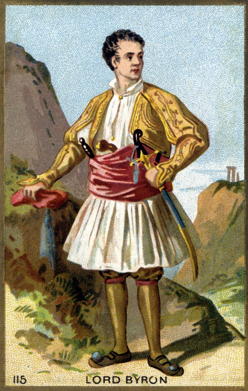 Muotokuva George Gordon Noelista, 6. Baron Byron, Lord Byron (1788 - 1824), pukeutunut kreikaksi. 1800-luvun kromolitografia. tekijältä Unknown artist