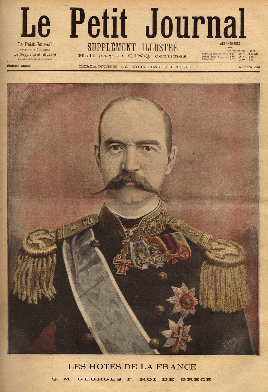 Kreikan kuninkaan (1845-1913) George I:n muotokuva. Kaiverrus "" Le petit Journal" -lehdessä 11.10.1895. Selvan kokoelma. tekijältä Unknown artist