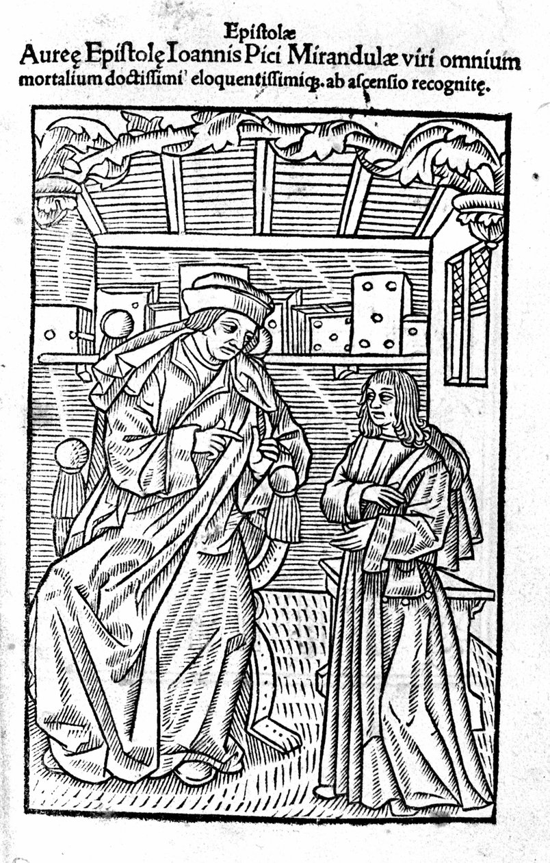 Muotokuva Giovanni Pico della Mirandolasta (Jean Pic de la Mirandole). Nimisivu "" Epistole auree "" tekijältä Unknown artist