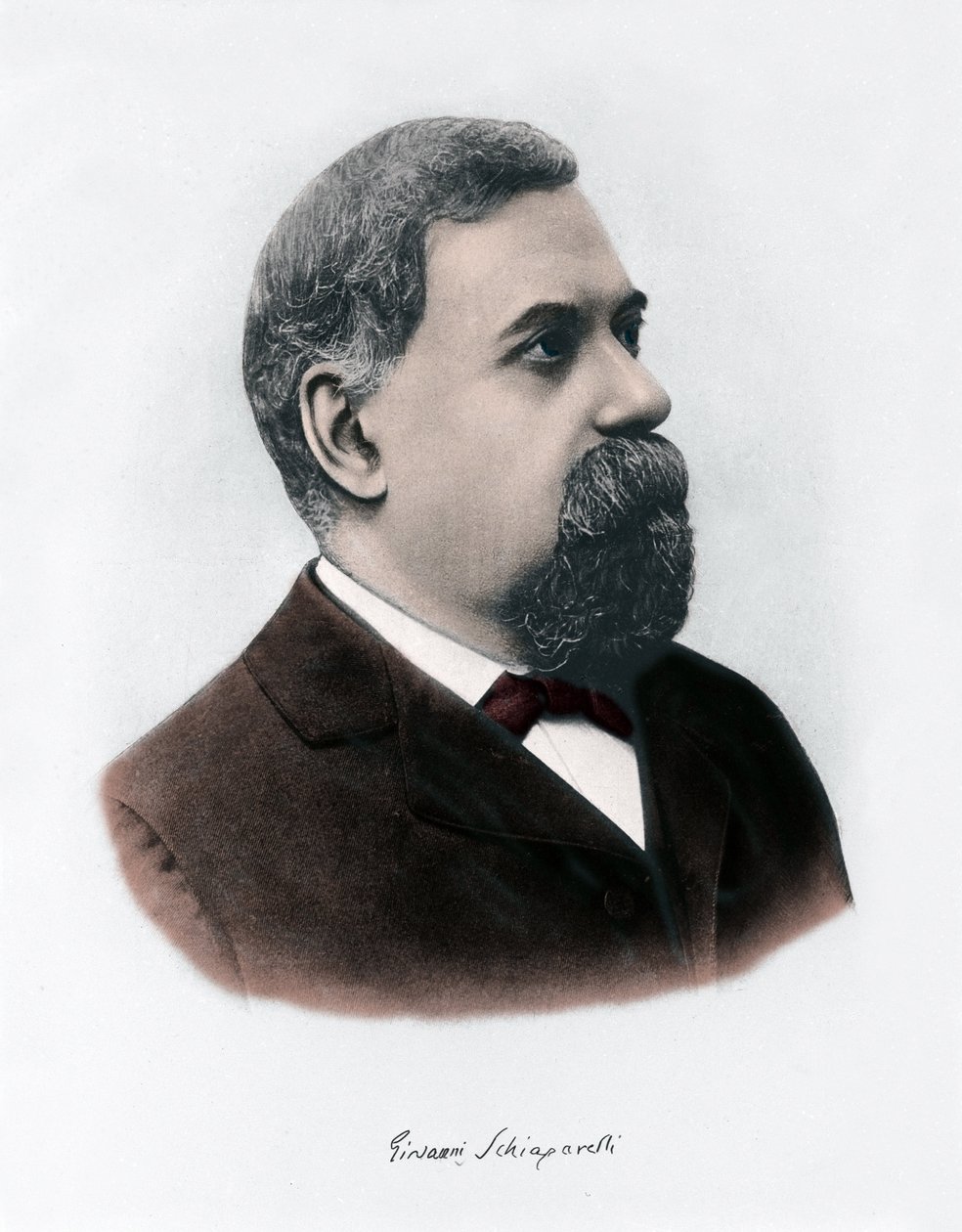 Muotokuva Giovanni Virginio Schiaparellista (1835-1910), astrofyysikko. Hän havaitsi Mars-planeetalla suoraviivaisia muodostelmia, joita hän kutsui Marsin kanaviksi (canali). Kaiverrus noin vuonna 1900 tekijältä Unknown Artist