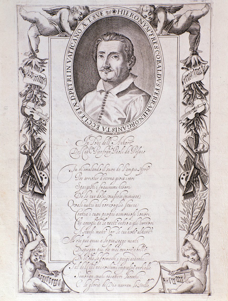 Girolamo Frescobaldin (1583-1643) italialaisen säveltäjän muotokuva Kaiverrus "" Tocrate "" -partituurin etukappaleesta. 1637. Bologna, Civic Museum Museum tekijältä Unknown artist