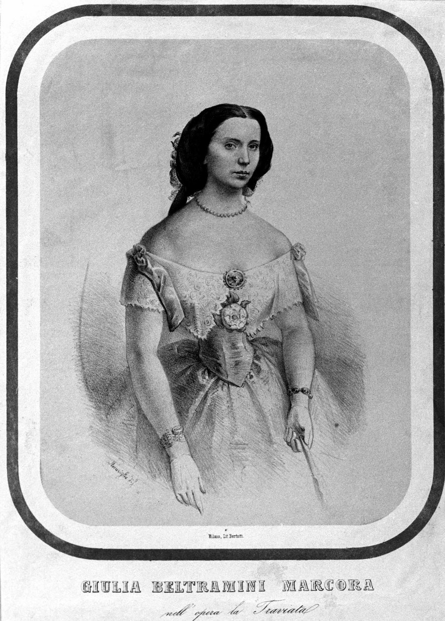 Giulia Beltramini Marcoran muotokuva Giuseppe Verdin "La traviatassa". Litografia 1800-luvun lopulta. tekijältä Unknown artist