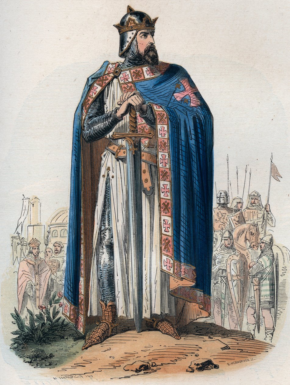 Godefroy (Godefroi) de Bouillon (1061-1100) muotokuva ristipuvussa. Kaiverrus vuodelta 1868 Theodore Justen (1818-1888) teokseen "Histoire de Belgique primitiivistä Leopold I:n hallituskauden loppuun". Yksityinen kokoelma. tekijältä Unknown artist