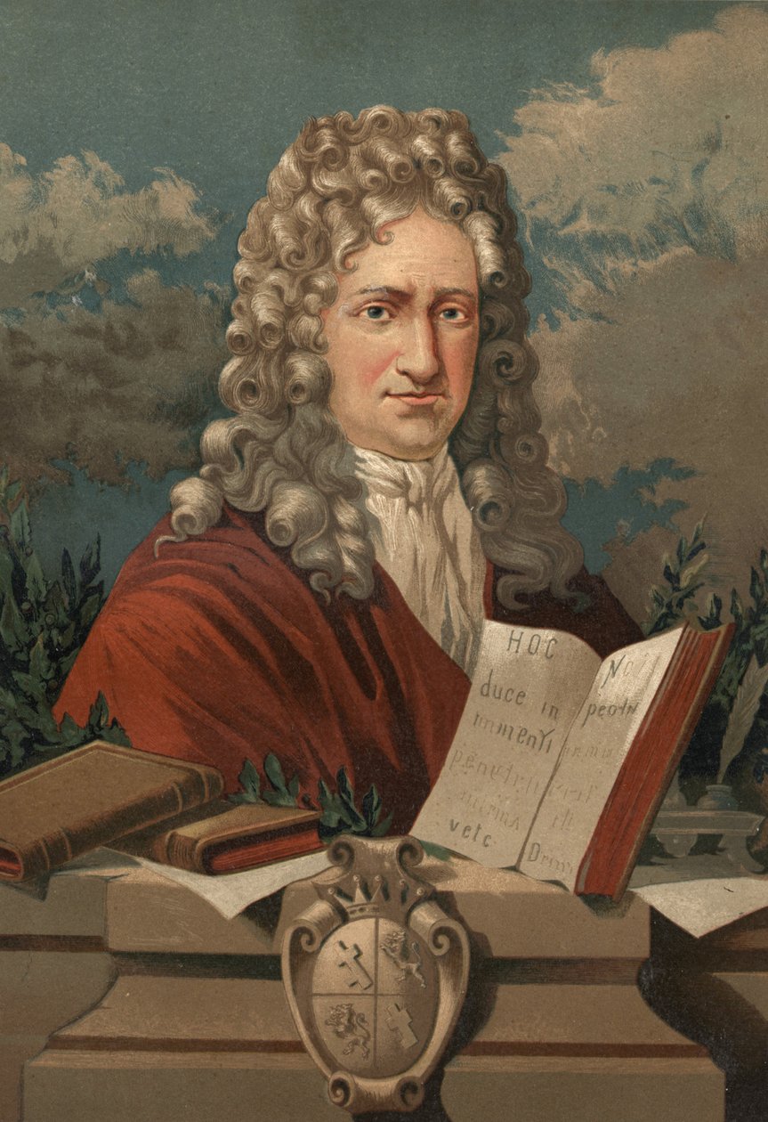 Gottfried Wilhelm Leibnizin (1646 - 1716) muotokuva Louis Figuierin teoksesta "Tiede ja sen miehet". Barcelona 1881 tekijältä Unknown artist