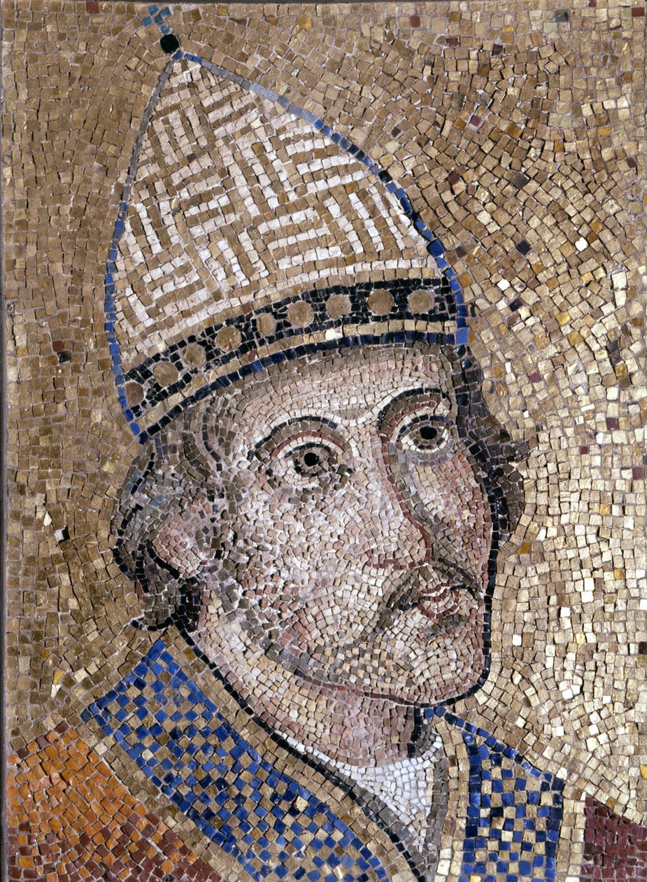Muotokuva Gregoire IX:stä (1145 - 1241). Hän taisteli Frederic II:ta vastaan ja järjesti inkvisition. 1200-luvun mosaiikki Pyhän Pietarin vanhasta apsisista. Rooman museo tekijältä Unknown artist