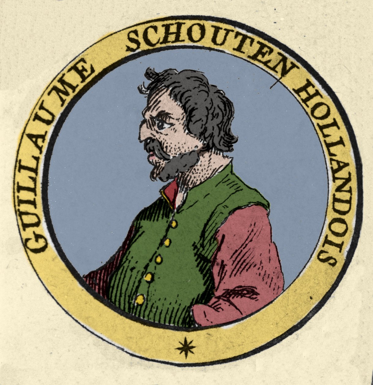 Guillaumen (Willem Cornelisz) Schoutenin (tai Schouttenin) (1567-1625) muotokuva hollantilainen navigaattori. Kaiverrus 1800-luvulta tekijältä Unknown artist