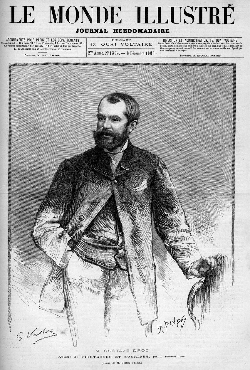 Gustave Drozin (1832-1895), ranskalaisen taidemaalarin ja kirjailijan muotokuva. Kaiverrus "" Kuvitettu maailma"" tekijältä Unknown artist
