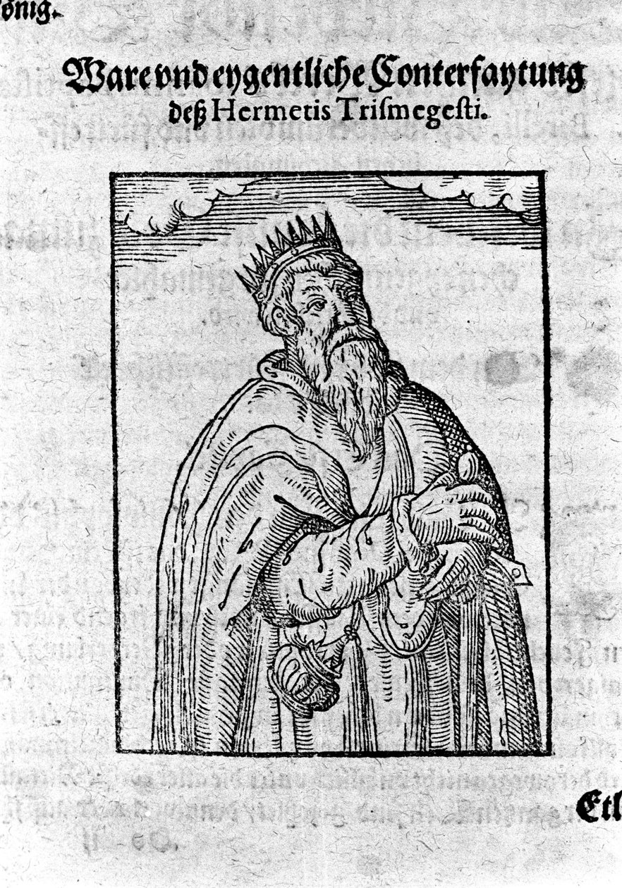 Astrologi Hermes Trimegiste (Trismegistus) muotokuva. Kaiverrus Giovanni Battista Birellin "Alchimia Novasta". tekijältä Unknown artist