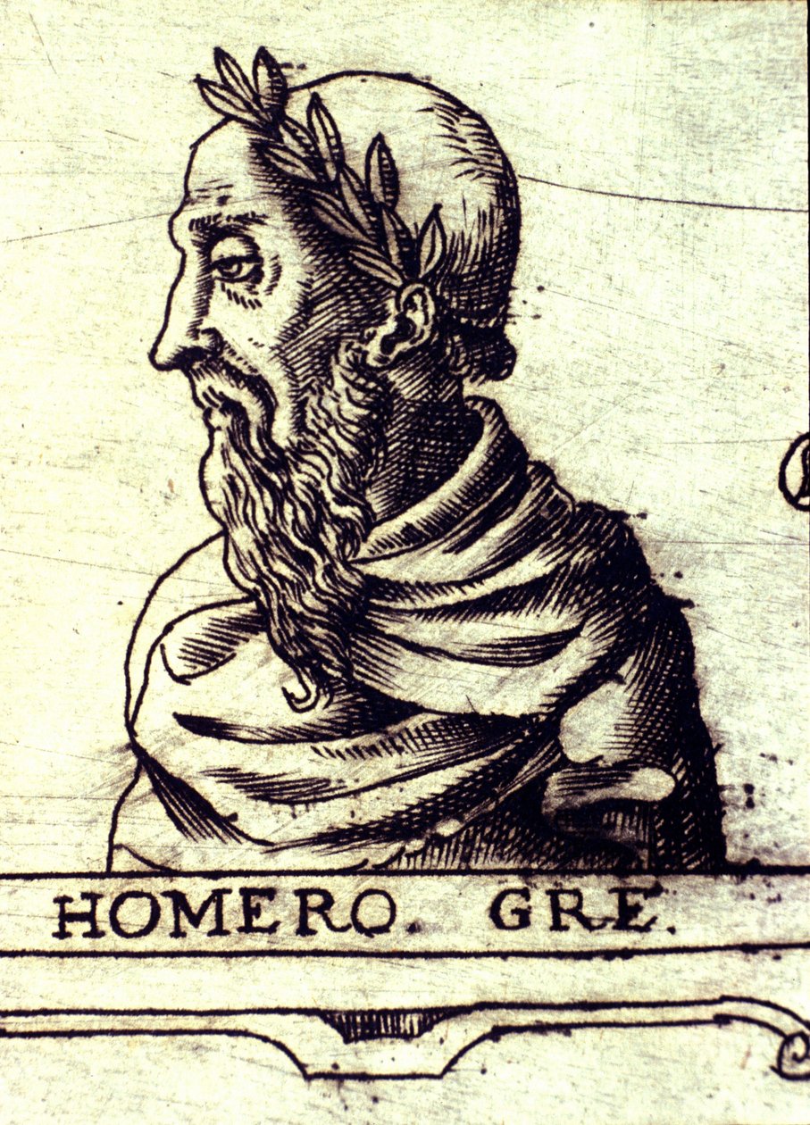 Homeroksen muotokuva (9. vuosisata eKr.). Kaiverrus vuodelta 1560 Urbano Monten atlasista tekijältä Unknown artist