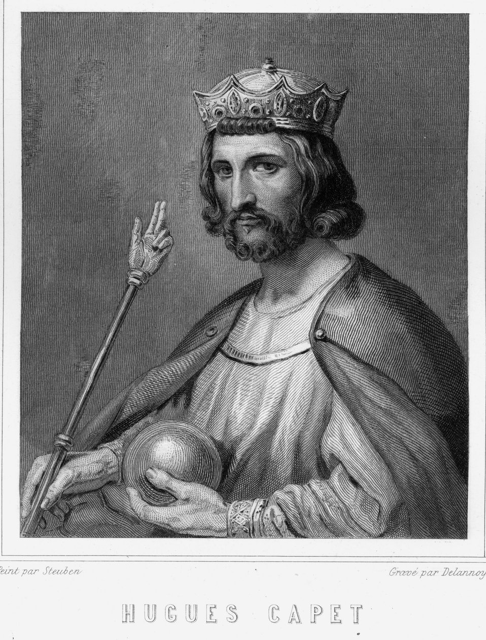Muotokuva Hugues I Capetista (v. 941 - 996), Ranskan herttuasta ja sitten Ranskan kuninkaasta - Lavalléen "Histoire des Français" -kirjassa, kaiverrus, sd. tekijältä Unknown artist