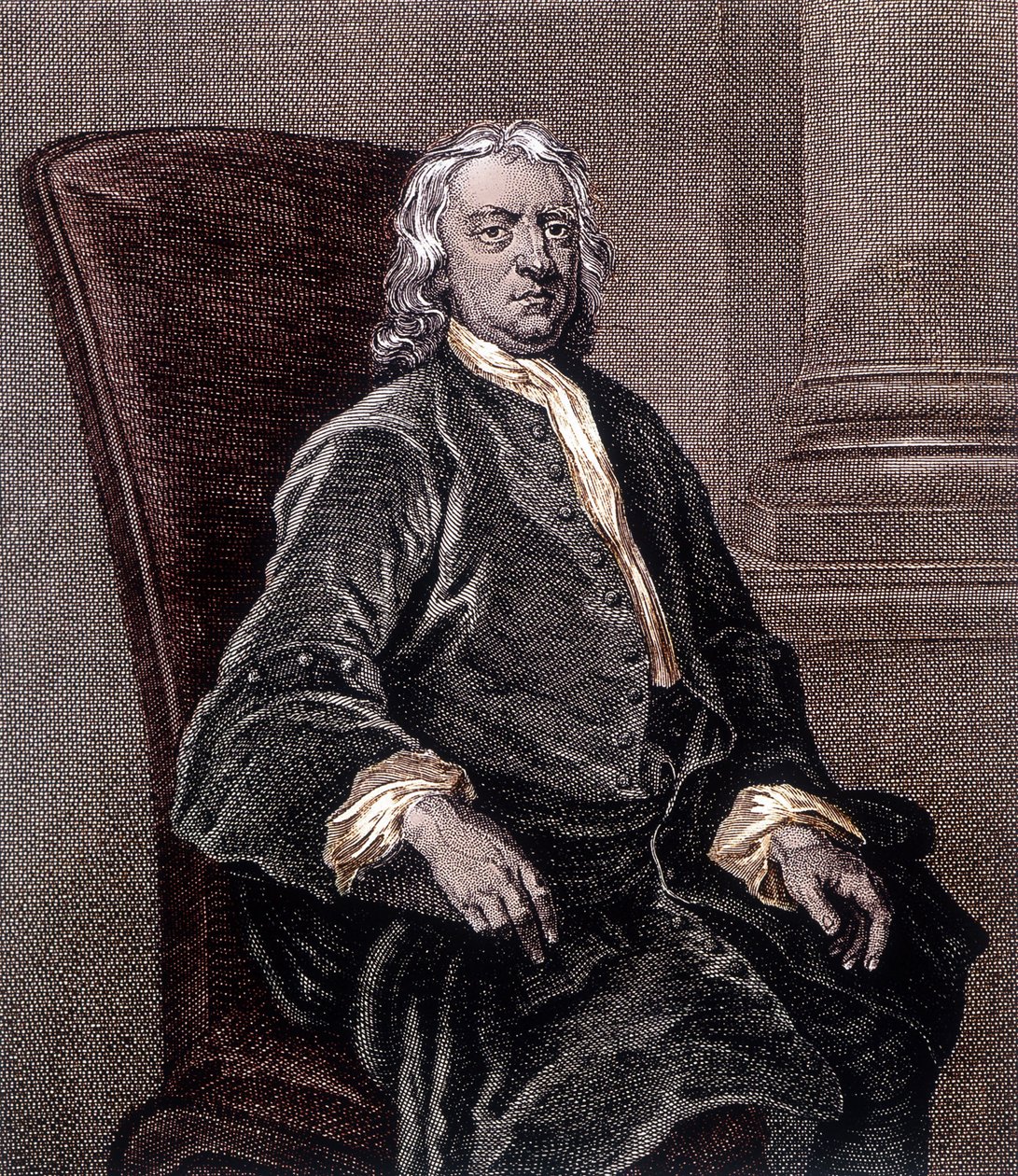 Muotokuva Isaac Newtonista istumassa nojatuolissa - Kaiverrus tekijältä Unknown artist