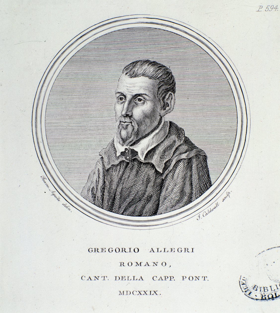 Italialaisen säveltäjän Gregorio Allegrin (1582-1652) muotokuva Kaiverrus. 1629. Bologna, kansalaisbibliografinen museo tekijältä Unknown artist