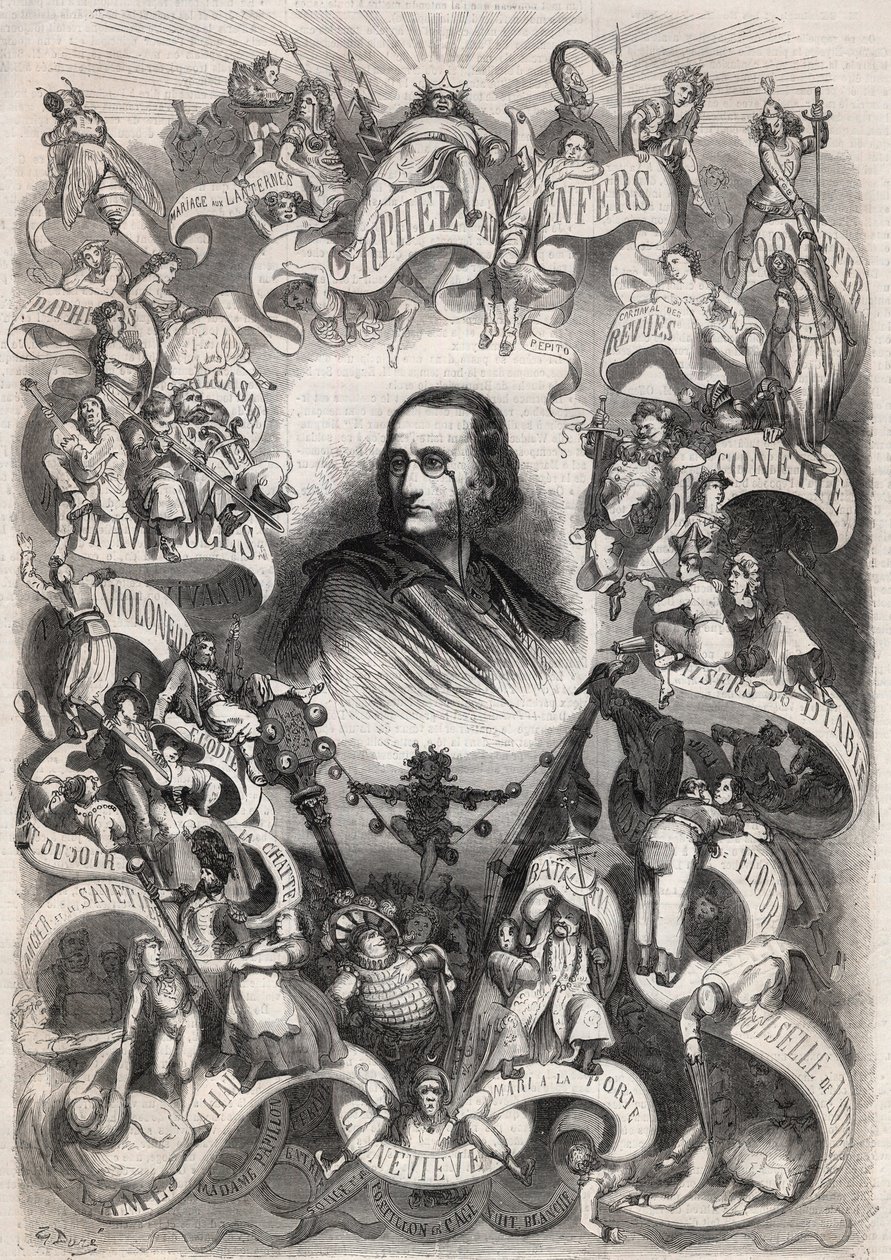 Jacques Offenbachin (1819-1880), ranskalaisen säveltäjän ja Theatre des Bouffes Parisiensin johtajan muotokuva hänen teostensa henkilöiden ympäröimänä - Kaiverrus "" Le Monde Illustré"" tekijältä Unknown artist