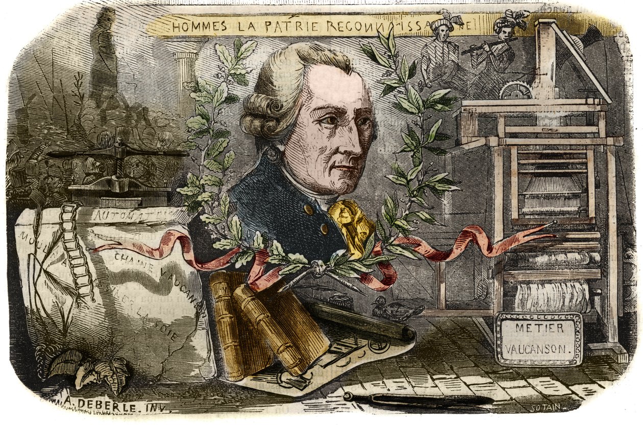 Jacques de Vaucansonin (1709-1782), ranskalaisen mekaanikon ja automaattien keksijän muotokuva. Kaiverrus vuodelta 1857 "" Le Musee Des Sciences "" tekijältä Unknown artist