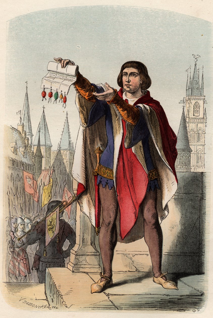 Jacques tai Jacob van Artevelden (1287-1345) muotokuva flaamilaispoliitikosta. Kaiverrus vuodelta 1868 Theodore Justen (1818-1888) teokseen "Histoire de Belgique primitiivistä Leopold I:n hallituskauden loppuun". Yksityinen kokoelma. tekijältä Unknown artist