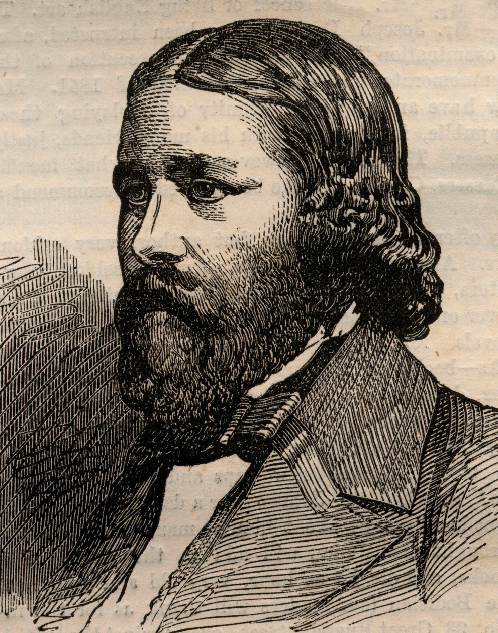 Amerikkalaisen runoilijan James Russell Lowellin (1819-1891) muotokuva. Kaiverrus 20. maaliskuuta 1858 julkaistuun kuvitettuun London News -lehteen. tekijältä Unknown artist