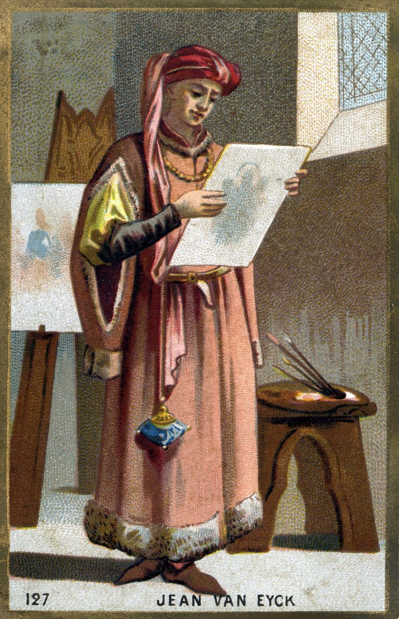 Jan Van Eyckin (1390 -1441) muotokuva flaamilainen maalari - liripipionin päähine. 1800-luvun kromolitografia. tekijältä Unknown artist
