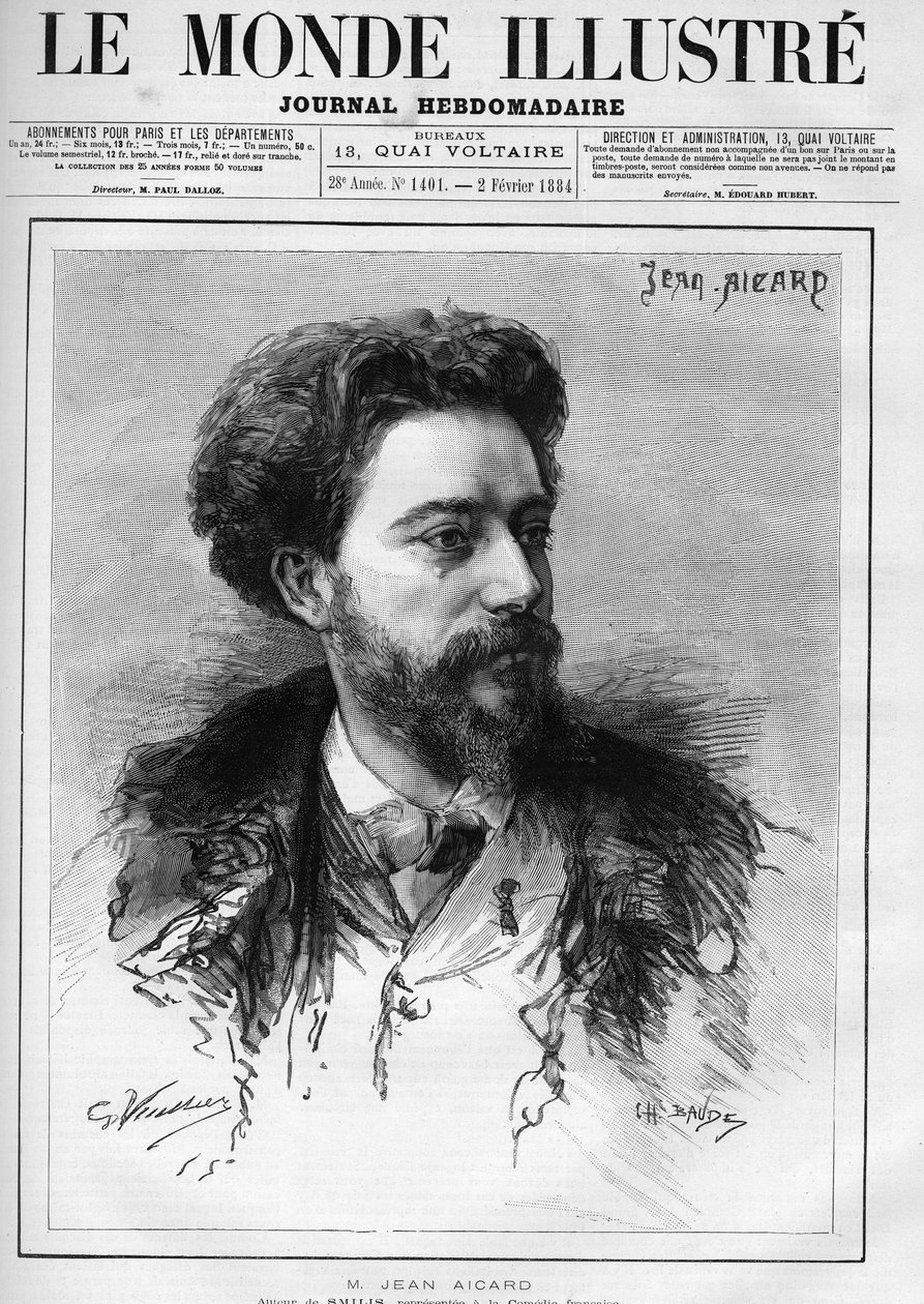 Ranskalaisen kirjailijan Jean Aicardin (1848-1921) muotokuva. Kaiverrus "" Kuvitettu maailma"" tekijältä Unknown artist