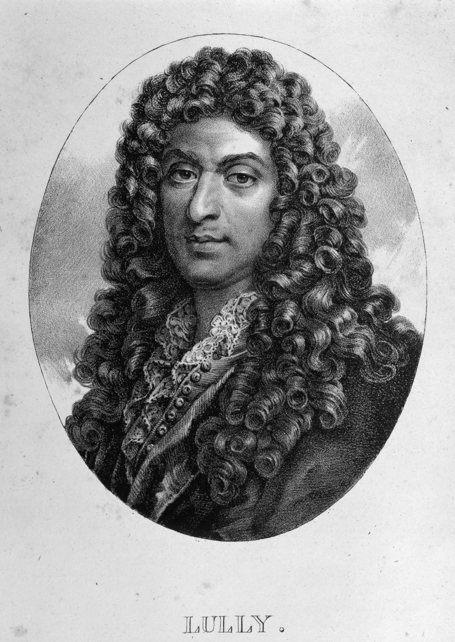 Muotokuva Jean Baptiste Lullystä (Giovanni Battista Lulli) (1632-1687), italialaista alkuperää olevasta ranskalaisesta säveltäjästä. Kaiverrus 1800-luku. tekijältä Unknown artist