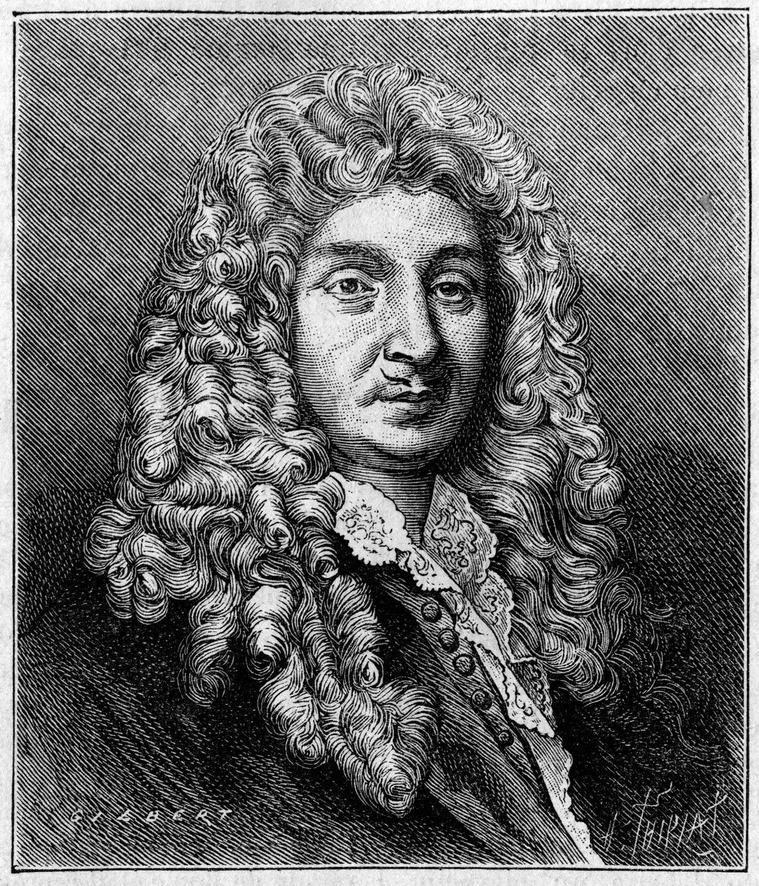 Muotokuva Jean Baptiste Lullystä (Giovanni Battista Lulli) (1632-1687), italialaista alkuperää olevasta ranskalaisesta säveltäjästä. Kauden kaiverruksesta. Kaiverrus "" Luontoon: katsaus tieteisiin ja niiden sovelluksiin taiteeseen ja teollisuuteen "", 7.  tekijältä Unknown artist