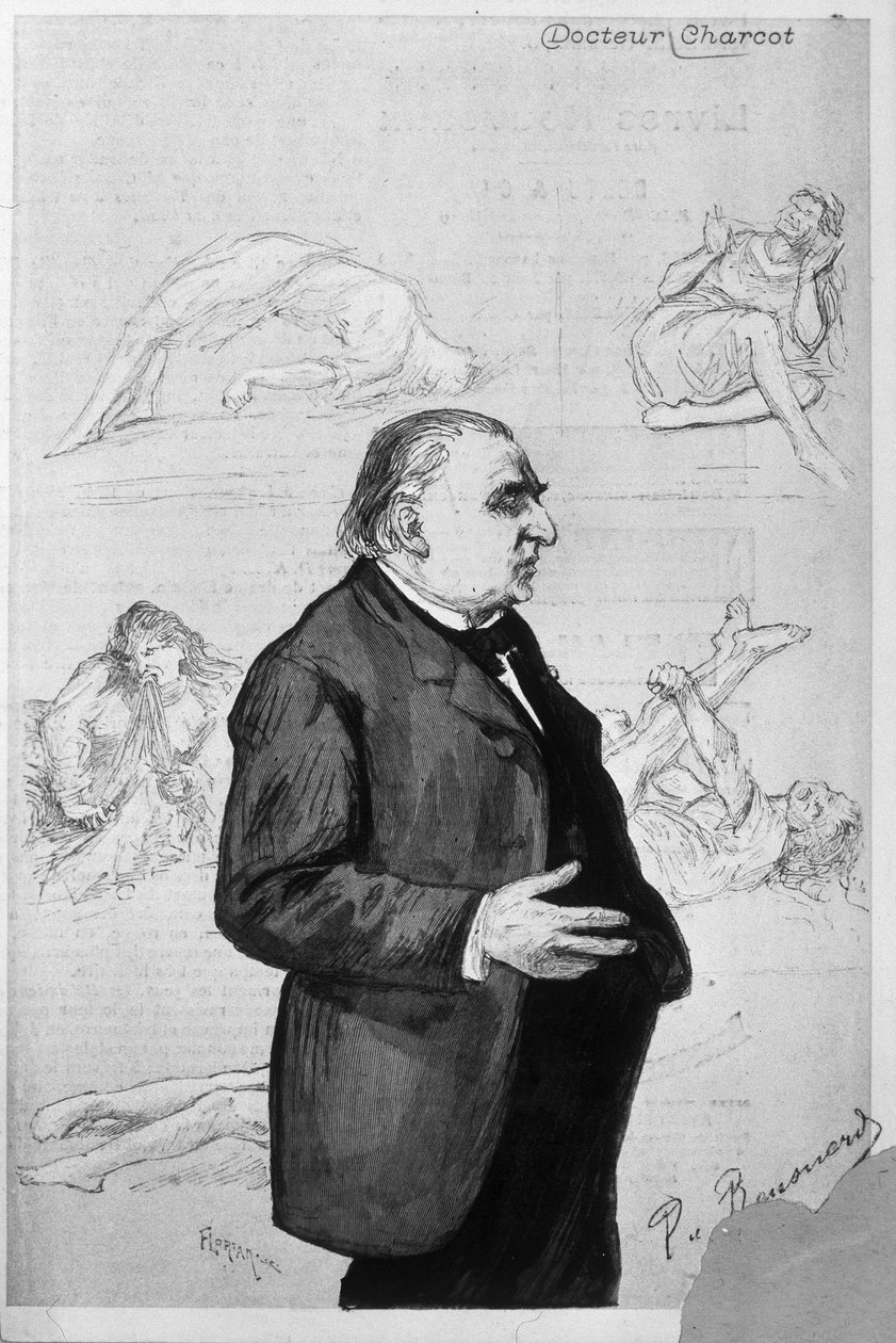Jean Martin Charcotin (1825 - 1893) muotokuva, jossa on piirroksia, jotka kuvaavat hysteriasta kärsiviä potilaita tekijältä Unknown artist