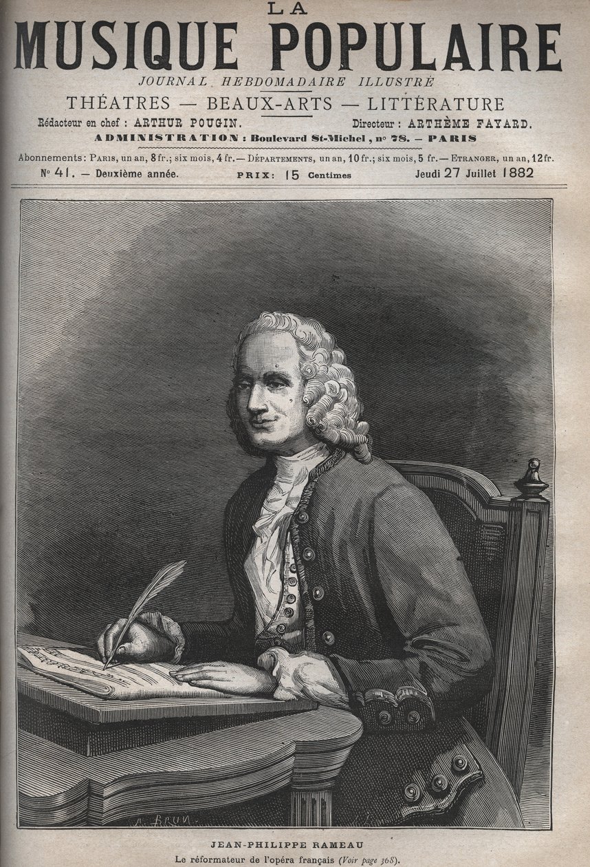 Muotokuva Jean Philippe Rameausta (1683-1764) - Jean-Philippe (Jean Philippe) Rameau (1683-1764), ranskalaisen säveltäjän muotokuva - kaiverrus maineikkaassa viikkolehdessä "La musique populaire" - 1882 tekijältä Unknown artist