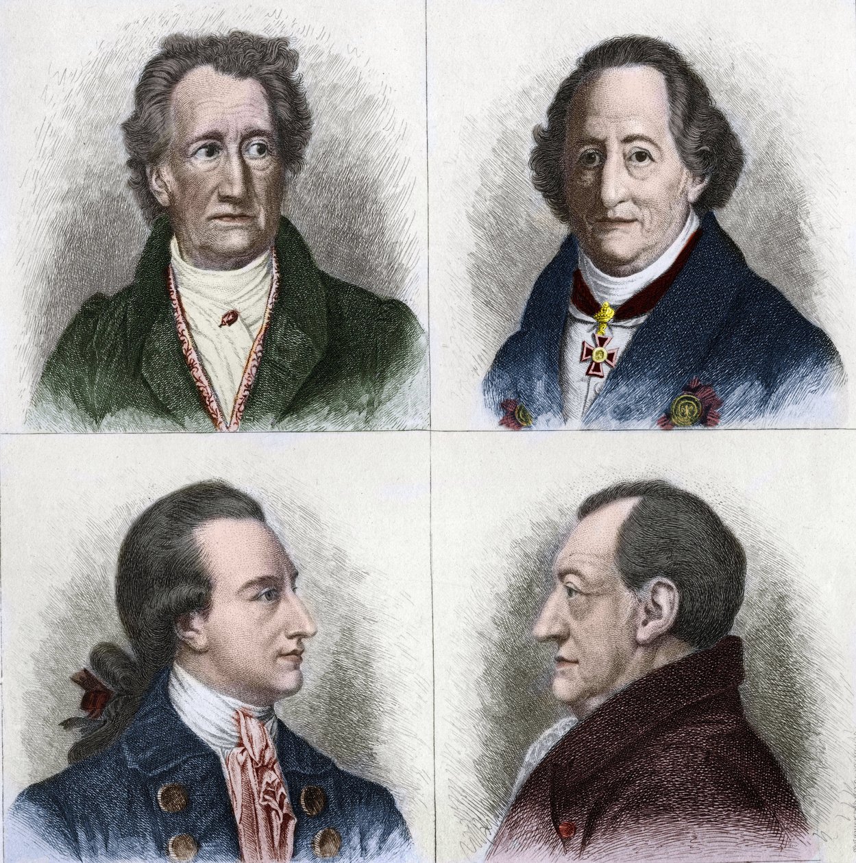 Saksalaisen kirjailijan Johann Wolfgang Goethen (1749 - 1832) muotokuva on eri ikäisiä. Kaiverrus 1800-luvulta. tekijältä Unknown artist