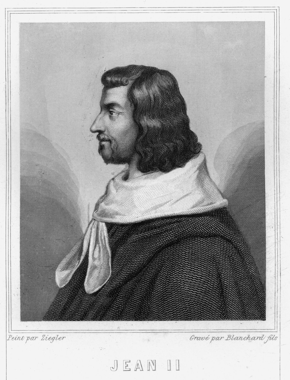 Muotokuva Johannes II Hyvästä (1319 - 1364), Ranskan kuningas - Lavalléen "Histoire des Français" -kirjassa, kaiverrus, sd. tekijältä Unknown artist