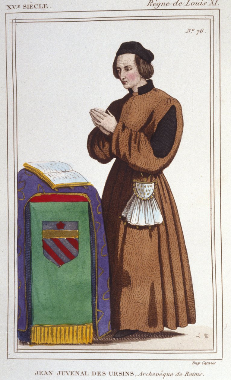 John Juvenal des Ursinsin muotokuva: Hänen oikeasta nimestään Jouvenel. Syntynyt vuonna 1388 (Pariisi), kuollut vuonna 1473 (Reims, Marne) 85-vuotiaana. Hän sai tulonlähteistä seuraavat: Beauvaisin piispa, Reimsin arkkipiispa, Laonin piispa, papisto, Attor tekijältä Unknown artist