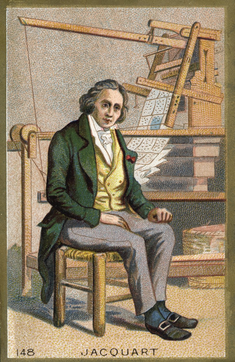 Muotokuva Joseph Marie Jacquardista (1752-1834), ranskalaisesta mekaanikasta automaattisten kangaspuiden edessä. tekijältä Unknown artist