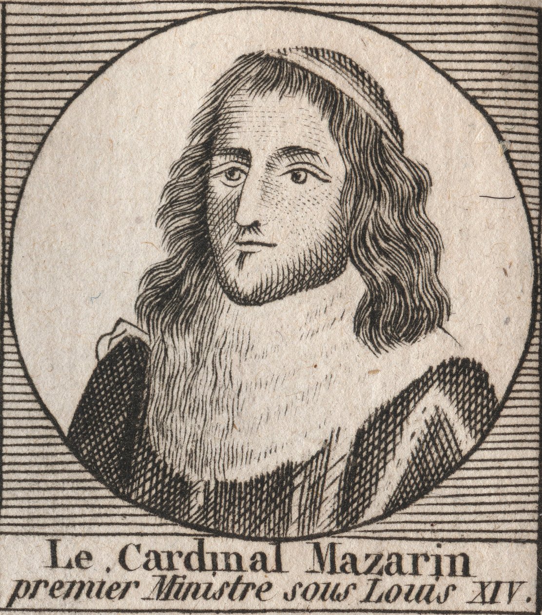 Muotokuva Jules Mazarinista (1602-1661), joka tunnetaan kardinaalina Mazarinina, pääministeri Louis XIV:n aikana - kardinaali Mazarin toimi Louis XIV:n pääministerinä - kaiverrus Charles Constant Le Tellierin "Instruction sur l