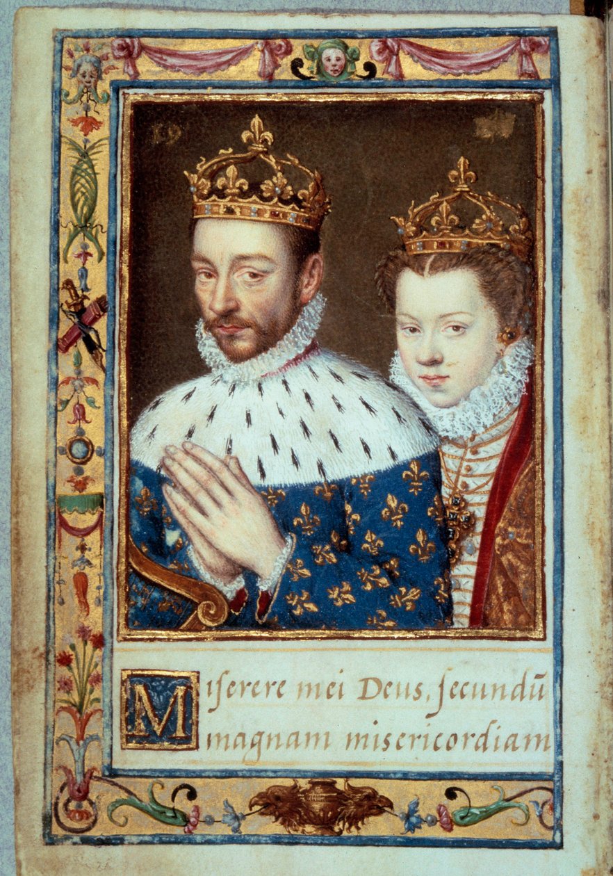 Kuningas Kaarle IX:n (1550-1574) ja Itävallan Elisabetin (1554-1592) Ranskan kuningattaren muotokuva "Catherine de Mediciksen tuntikirjan" (Caterina de Medici) käsikirjoitussivu 1500-luvun Pariisi, B.N. tekijältä Unknown artist