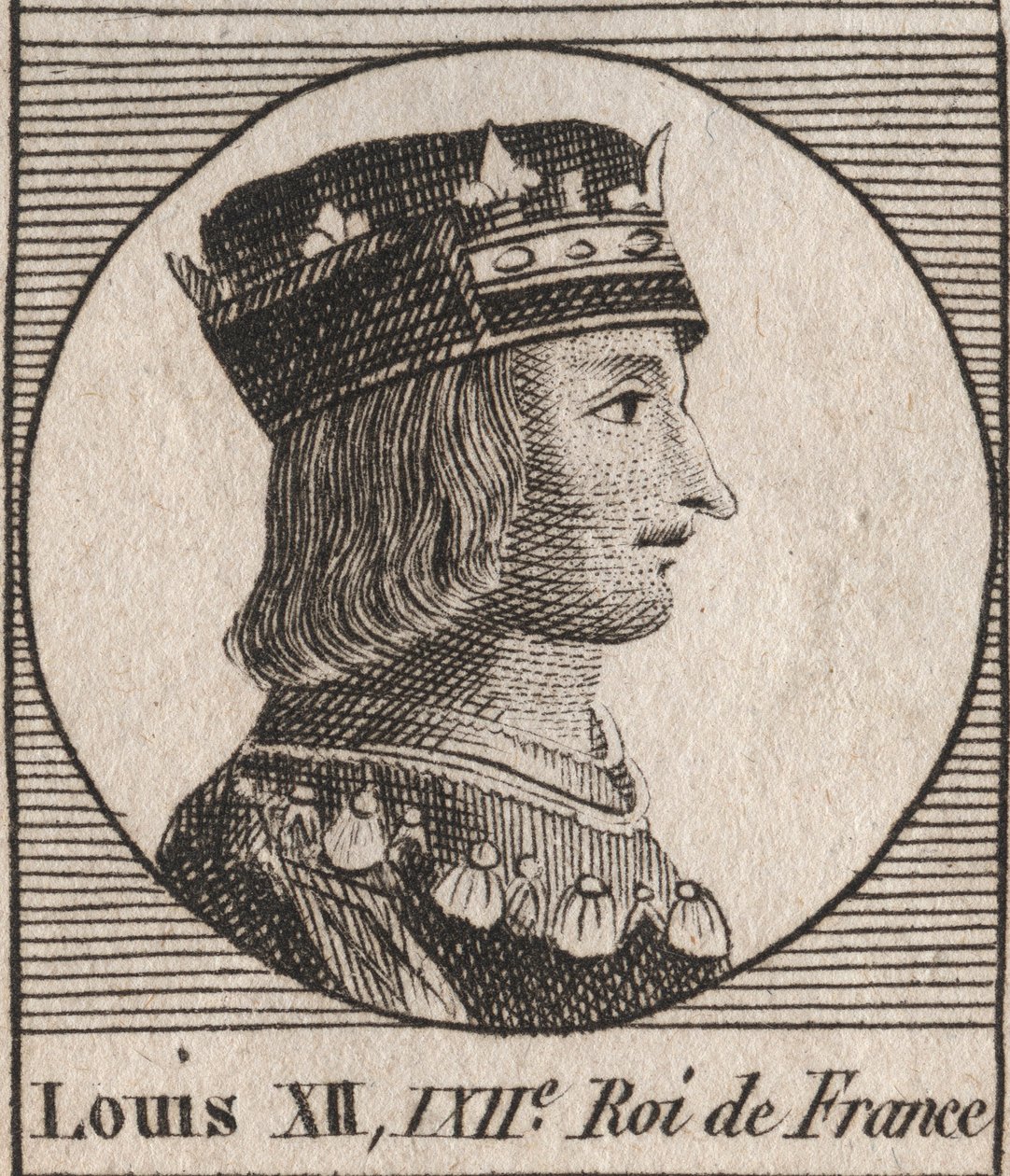 Kuningas Ludvig XII:n (1462-1515) muotokuva - Ranskan kuninkaan Ludvig XII:n (1462-1515) muotokuva - kaiverrus Charles Constant Le Tellierin kirjasta "Instruction sur l