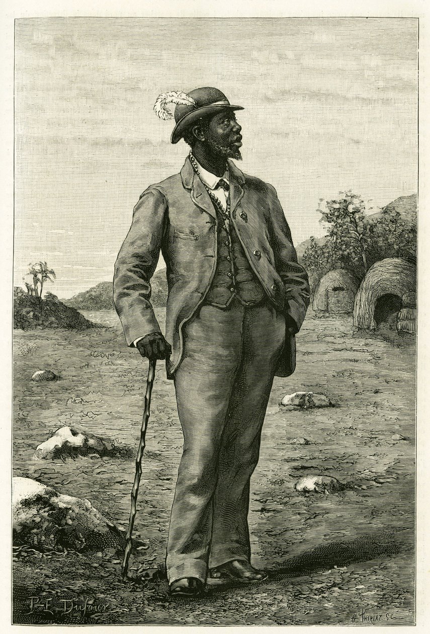 Muotokuva Zambezen (nykyinen Etelä-Afrikka) kuningas Sepopo, pukeutunut eurooppalaiseen tyyliin, kaiverrus P. Dufour havainnollistamaan tarinaa "Au pays des Marutses", vuosina 1875-1879, kirjoittaja tohtori Emile Holub (1847- 1902). Julkaistu Tour du monde tekijältä Unknown artist