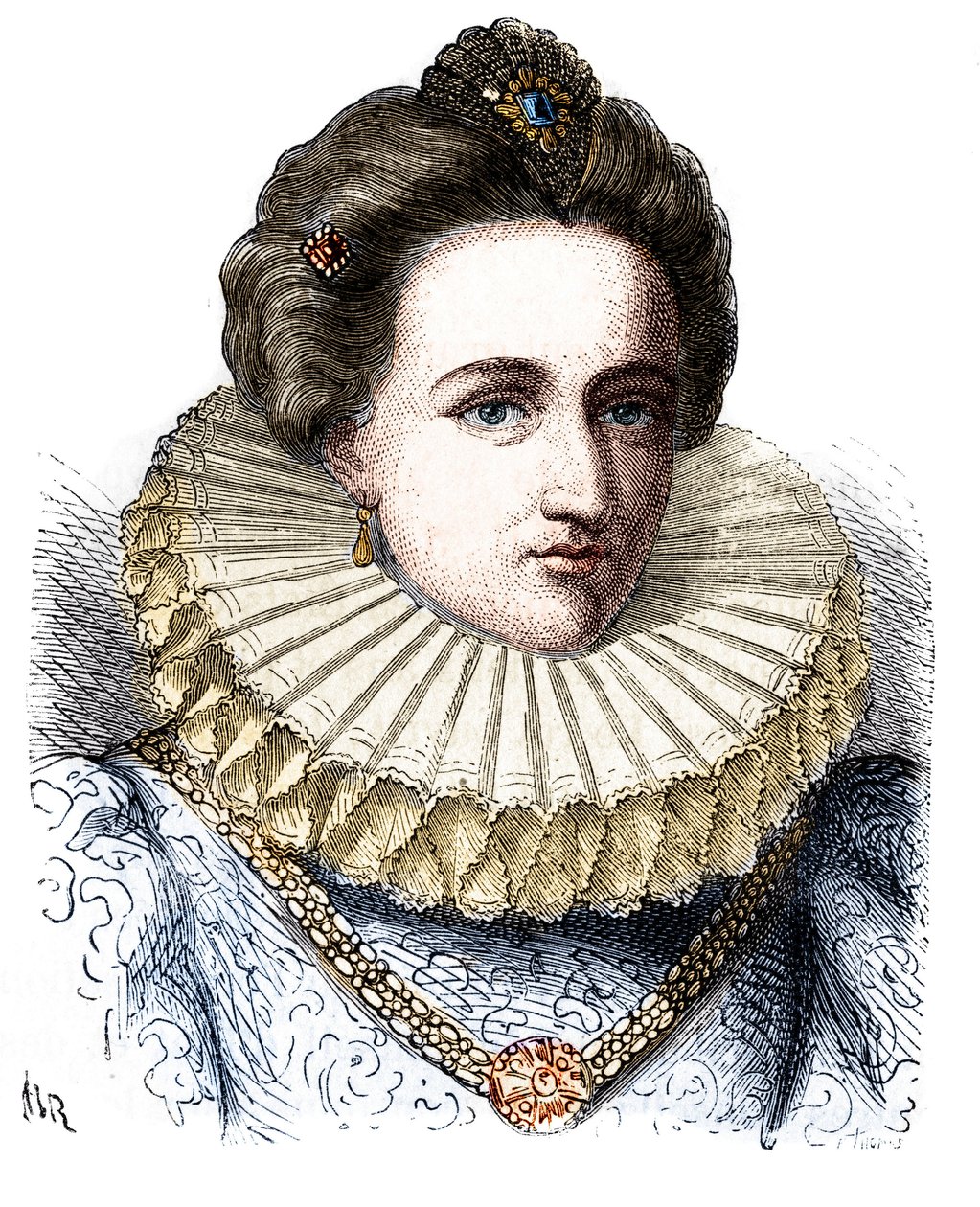 Muotokuva Leonora Dorista (tai Dosista) nimeltä Galigai, Ankkurin marechale (1568-1617). Hänellä on mansikkakaulus - Henri Martinin "" Histoire de France populaire" -kirjassa tekijältä Unknown artist