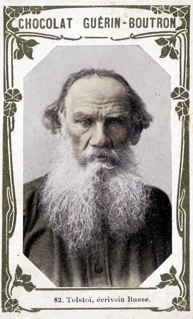 Lev Nikolajevitš, kreivi Tolstoi (Leo Tolstoi), venäläisen kirjailijan (1828-1910) muotokuva. Vinjetti suklaata Guérin - Boutron tekijältä Unknown artist