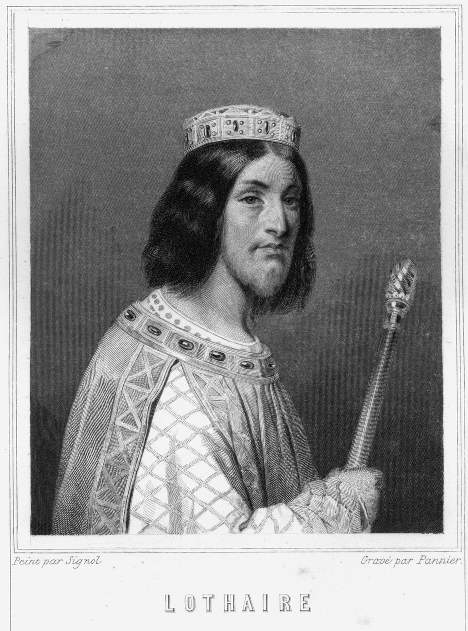 Muotokuva frankkien kuninkaan Lothairesta (941 - 986) Lavalléen "Histoire des Français" -kirjassa, kaiverrus, nd. tekijältä Unknown artist