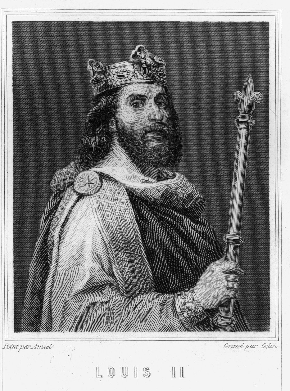 Ludvig II Begue tai Fainéant (846 - 879), Ranskan kuninkaan muotokuva - Lavalléen "Histoire des Français" -kirjassa, kaiverrus, sd. tekijältä Unknown artist