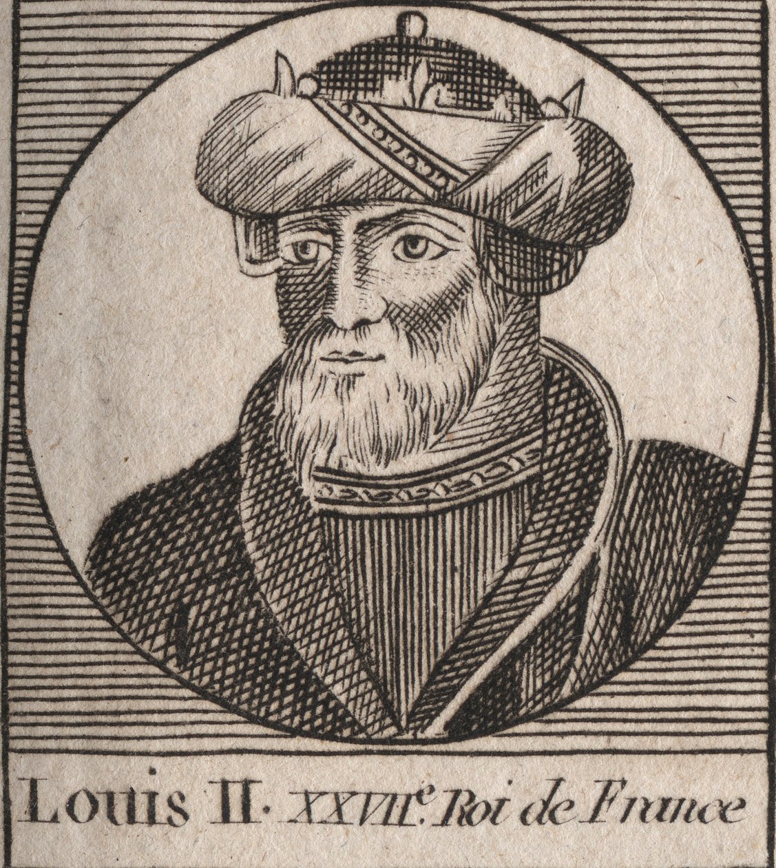Ludvig II Begue tai Faineant (846 - 879), frangin kuninkaan muotokuva - Ludvig II Stammerer 848-879 - kaiverrus Charles Constant Le Tellierin vuodelta 1821 "Instruction sur l