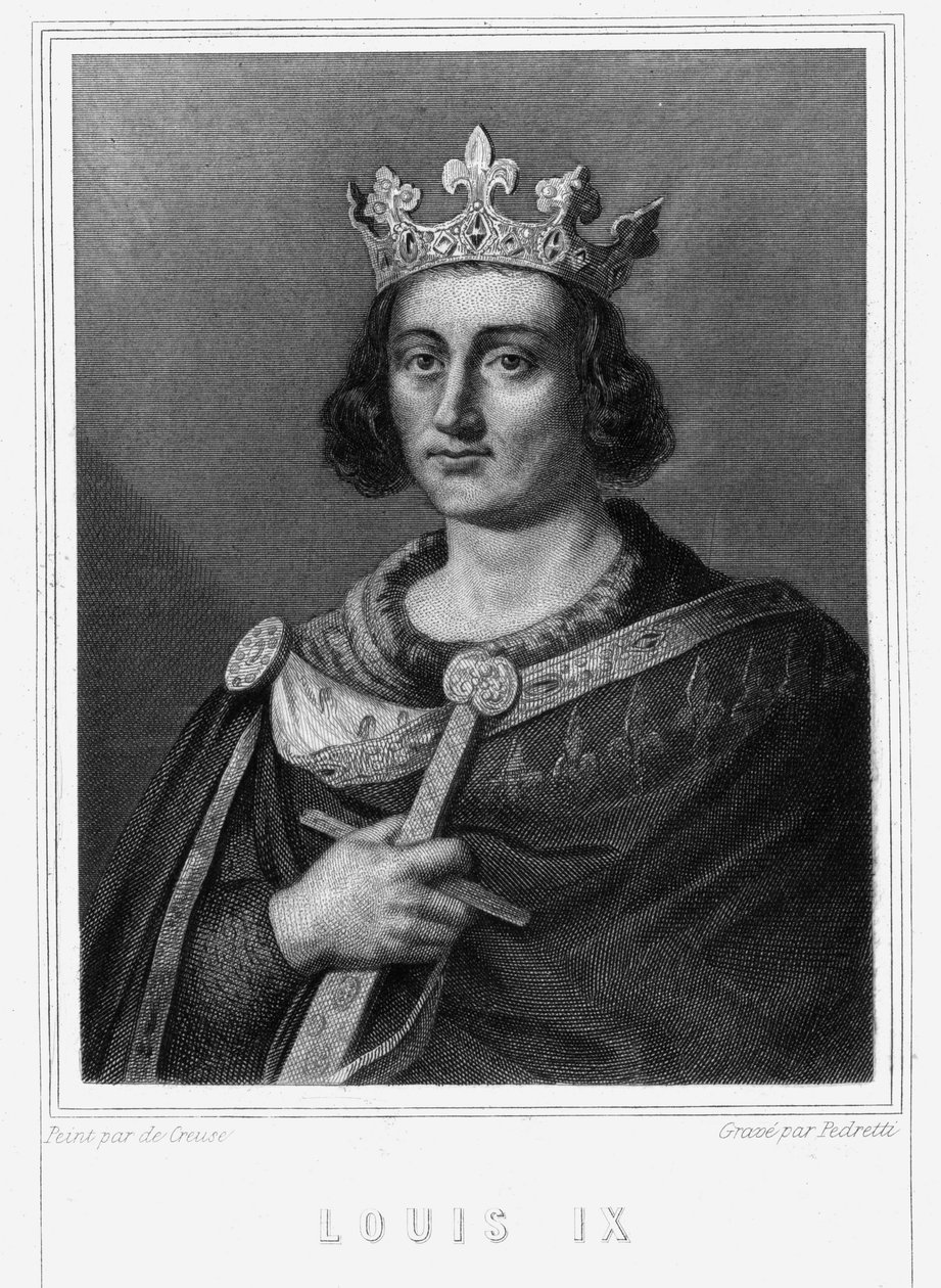 Ludvig IX:n tai Saint Louisin (1214 - 1270), Ranskan kuninkaan muotokuva - Lavalléen "Histoire des Français" -kirjassa, kaiverrus, sd. tekijältä Unknown artist