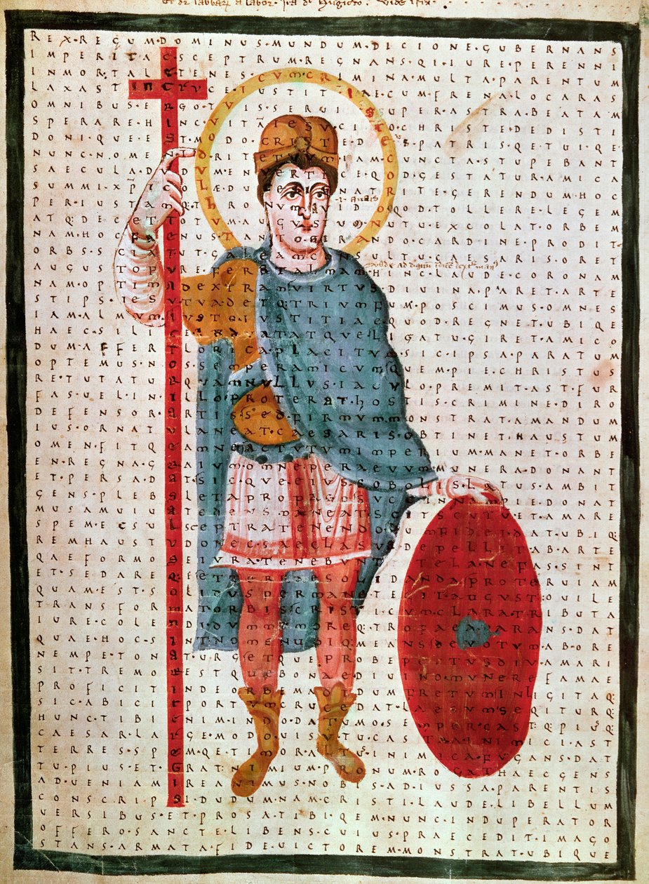 Ludvig I hurskaan eli Debonnairen muotokuva"" (778-840), Ranskan kuningas"" pienoiskuva Rabanus Maurus Magnentiuksen "" De Laudibus Sancte Crucis -kirjassa" (tai Codex Vindobonensis) n. 780-856, 830 noin Wien, Osterreichisch tekijältä Unknown artist