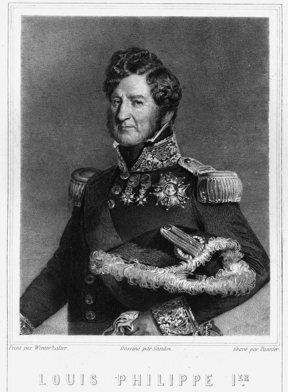 Ludvig Philippe I:n (1773 - 1850), Ranskan kuninkaan muotokuva - Lavalléen "Histoire des Français" -kirjassa, kaiverrus, sd. tekijältä Unknown artist